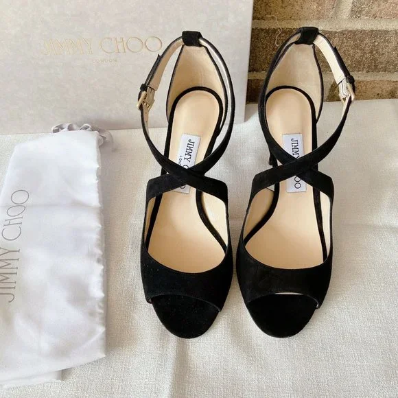 NEW JIMMY CHOO Emily 85 Crisscross Heel Sandal Black Suede EU 37 US